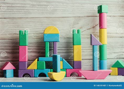 Children`s Set, Wooden Designer from Blocks of Different Shapes, Close ...