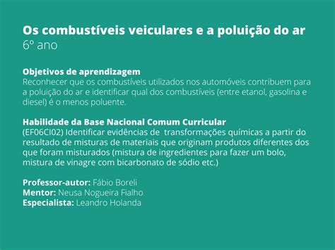 Plano de aula 6o ano Os combustíveis veiculares e a poluição do ar