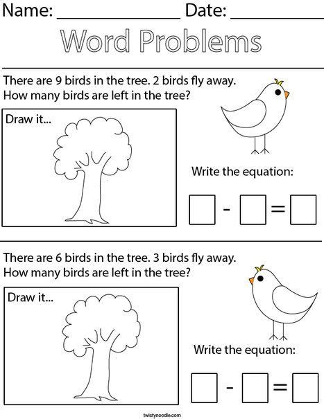 Bird Subtraction Word Problems Math Worksheet Twisty Noodle Worksheets Library