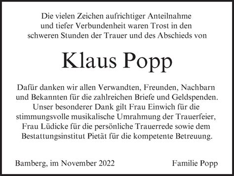 Klaus Popp Traueranzeige Trauer InFranken De