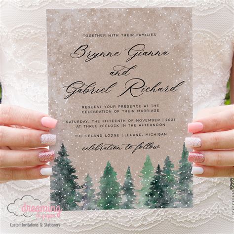 Frosty Winter Green Pine Trees Forest Wedding Invitations 387