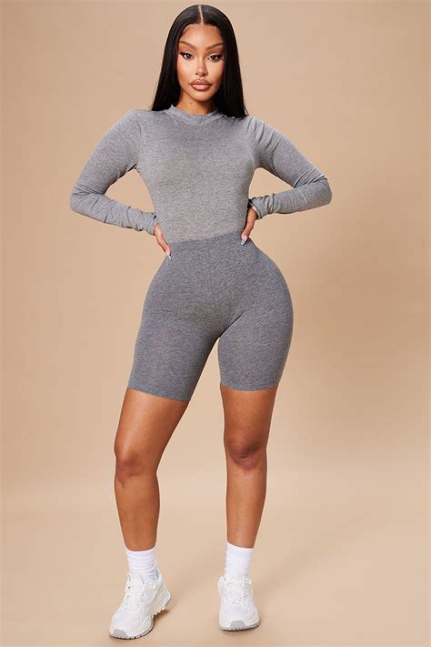 Melanie Mock Neck Bodysuit Charcoal Fashion Nova Basic Tops