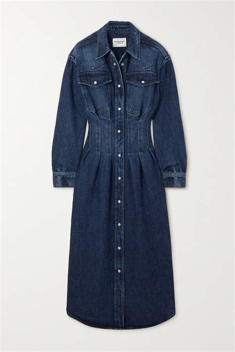 Marant Toile Tomia Pleated Tencel Lyocell Denim Shirt Dress Blue