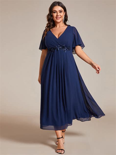 Plus Size V Neck Chiffon Wedding Guest Dress Adorned With Waist