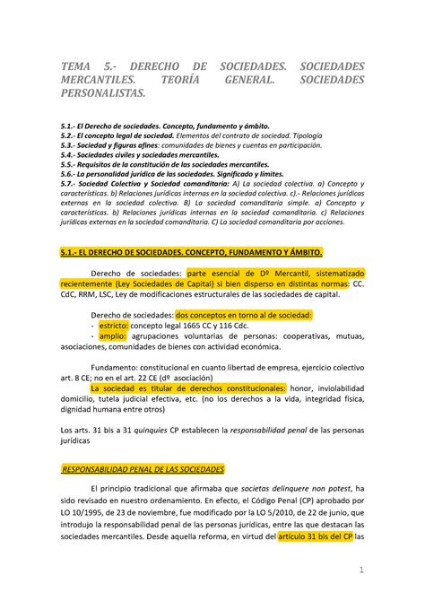 TEMA 5 Derecho De Sociedades TEMA 5 DERECHO DE SOCIEDADES