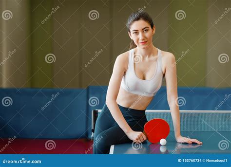 Woman With Racket Poses At The Ping Pong Table Stock Photo Image Of