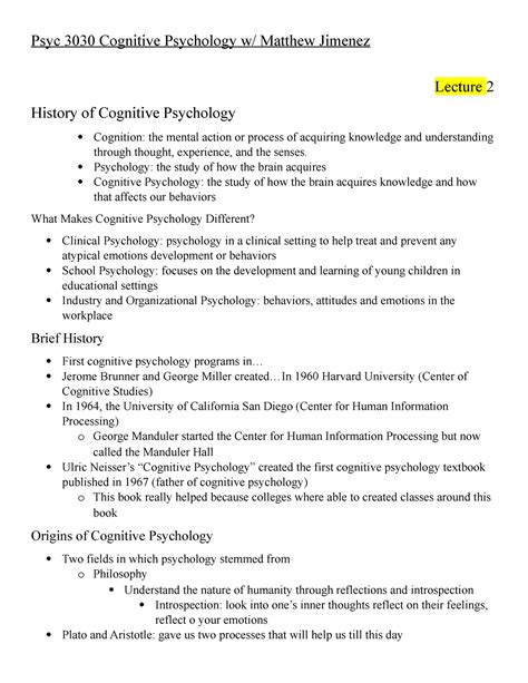 Psyc Cognitive Psychology Notes Psychology The Study Of How The