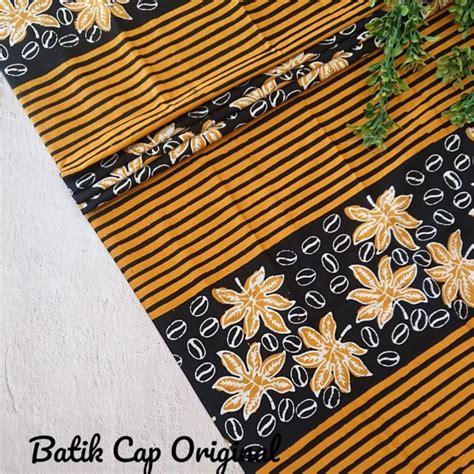 Jual Kain Batik Cap Handmade Daun Kopi Garis Kuning Hitam Putih