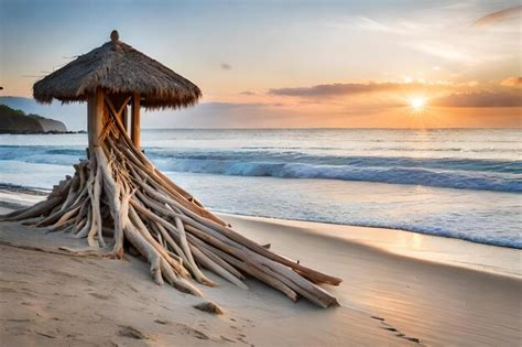 Uma Cabana Na Praia Telhado De Palha Foto Premium