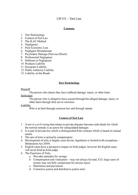 Tort Law Lecture Notes Tort Law Lw151 Tort Law Contents Tort