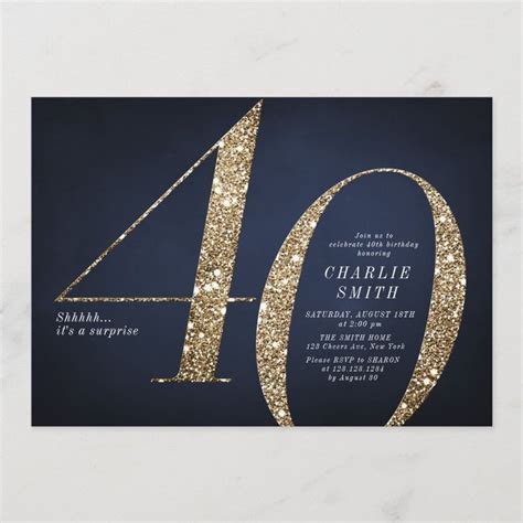 Modern Minimalist Navy Gold Glitter 40th Birthday Invitation Zazzle