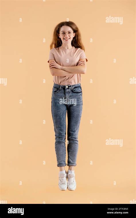 young female model jumping  stock photo alamy