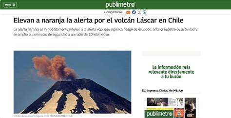 Publimetro México Elevan a naranja la alerta por el volcán Láscar en