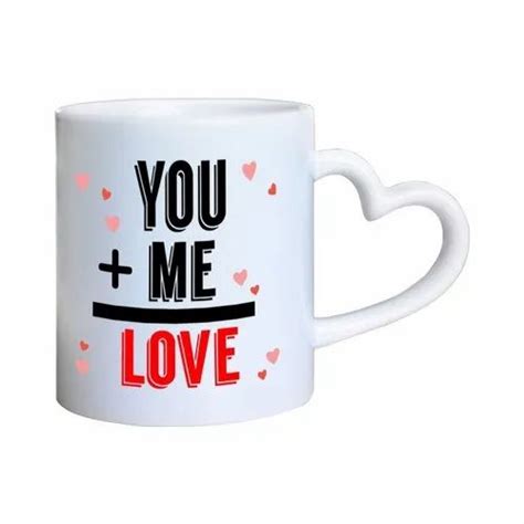 White Printed Heart Shape Handle Mug For Ting Capacity 350 Ml At