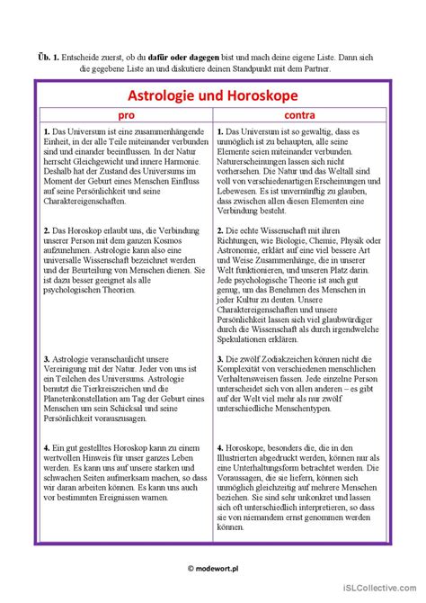 Astrologie und Horoskope Deutsch DAF Arbeitsblätter pdf doc