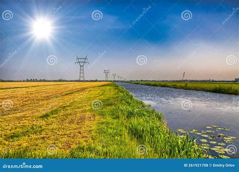 Dutch Landscape With A Canal And Grass Fields With Mirror Reflec Stock