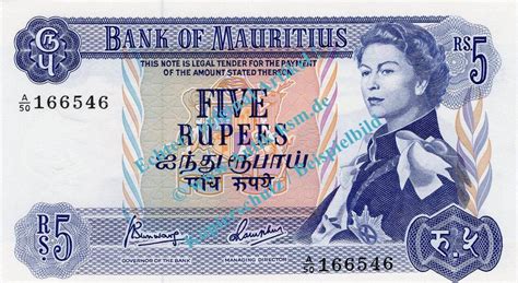 Malta Banknote Mauritius 5 Rupien Schein Elizabeth II ND 1967 In Unc