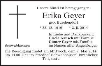 Traueranzeigen Von Erika Geyer Trauer Merkur De