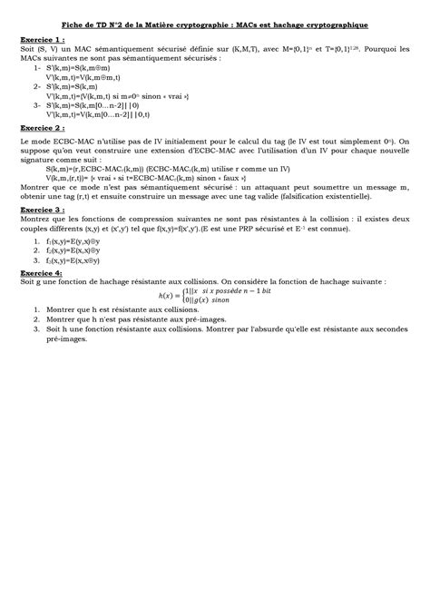 Fiche Td Crypto Ii 2 Td2 Fiche De Td N°2 De La Matière Cryptographie Macs Est Hachage