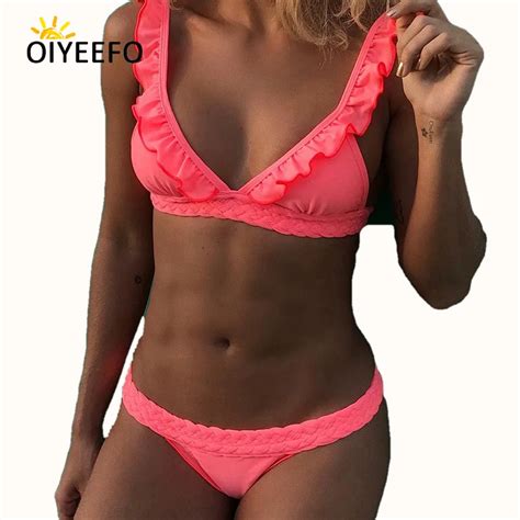 Oiyeefo Bright Pink Ruffle Frilly Bikini Low Waist Women Beach May