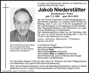 Traueranzeigen Von Jakob Niederst Tter Trauer Bz