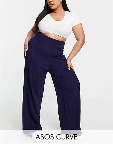 Asos Design Curve Co Ord Knitted Wide Leg Trouser With Front Seam Detail In Navy Asos