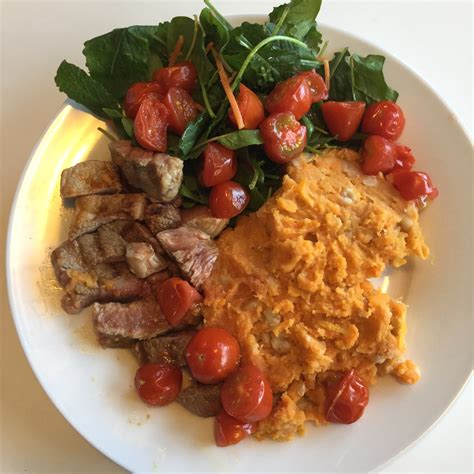 Chef Ray Lamb Steaks With Sweet Potato Mash Roast Tomatoes Coach