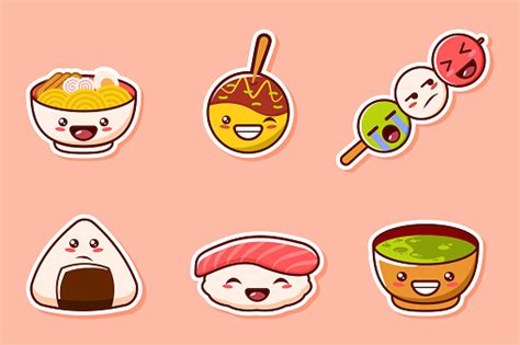 Cute Japanese Food Sticker Stok Vektör Sanatı And Erişte‘nin Daha Fazla