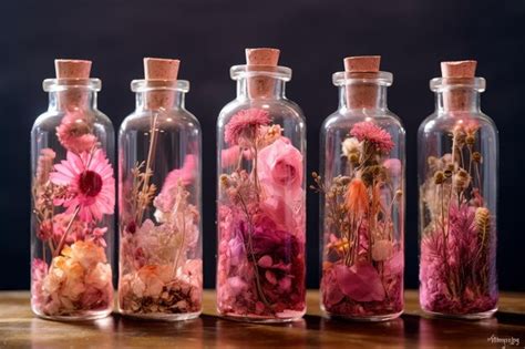 Premium AI Image | A row of bottles with flowers in them