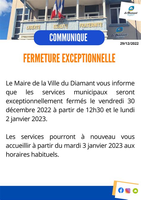 Fermeture Exceptionnelle Des Services Municipaux Ville Du Diamant