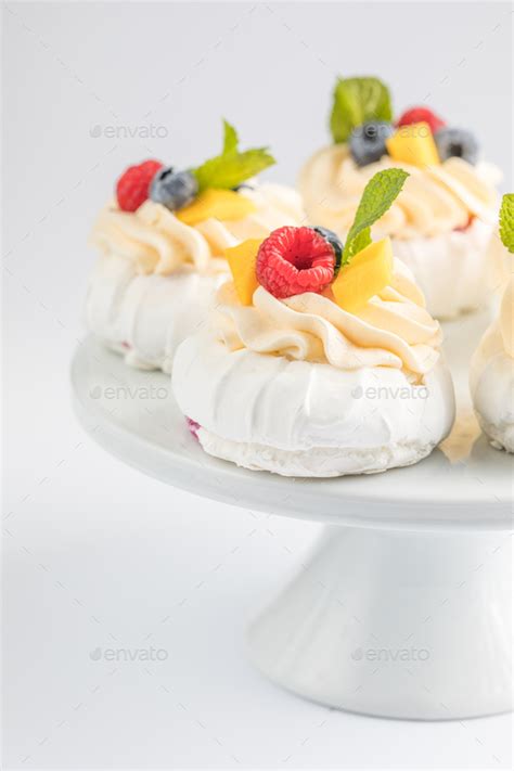 Homemade Delicious Meringue Cake Pavlova With Whipped Cream Fresh