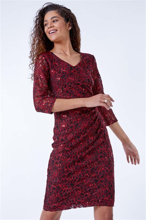 Embellished Ruched Lace Dress In Red Roman Originals Uk