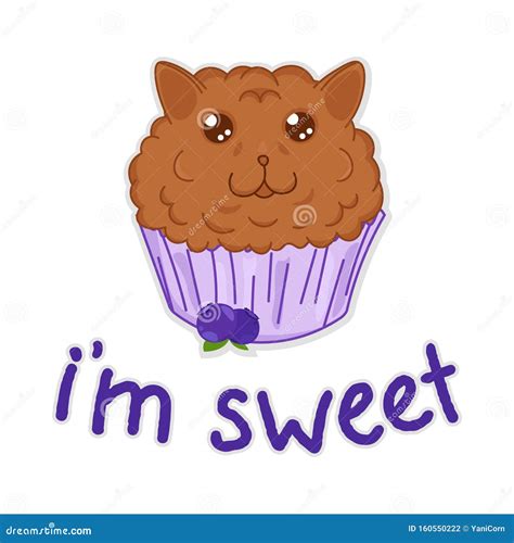 Kawaii Sweet Muffin Cat With Blueberry Isolated Cute Cartoon Funny