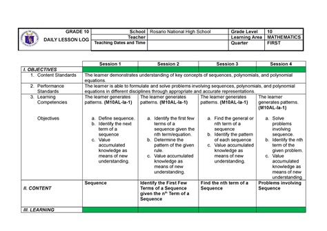 G10 Dll First Quarter Reference Grade 10 Daily Lesson Log School Rosario National High