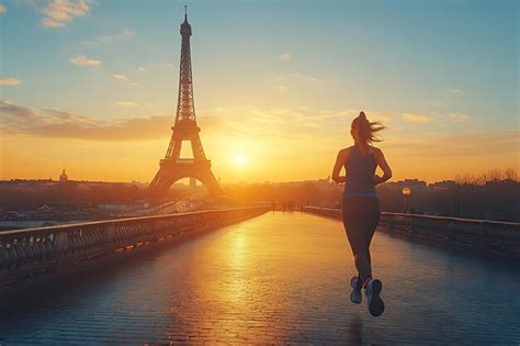 Paris 2024 Olympics A Woman Running To The Eiffel Tower At Sunset