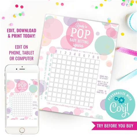 Ready To Pop Baby Shower Game Baby Betting Squares Co Ed Etsy