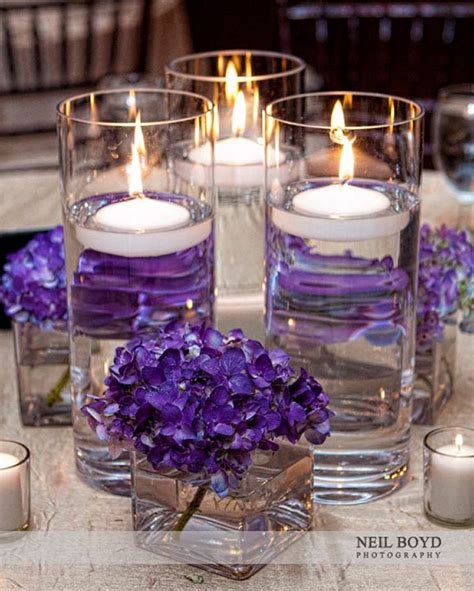 Purple Hydrangea Flowers And Candles For Wedding Reception Centerpiece Hydrangeas Wedding