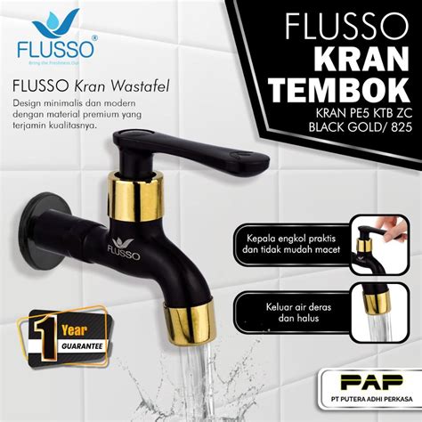 Jual Kran Tembok Engkol Flusso Kran Air Mesin Cuci Black Gold Stainless