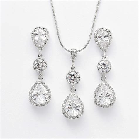 Cubic Zirconia Bridal Set Wedding Jewelry Set Silver Clear Cubic Zirconia Teardrop Earrings And