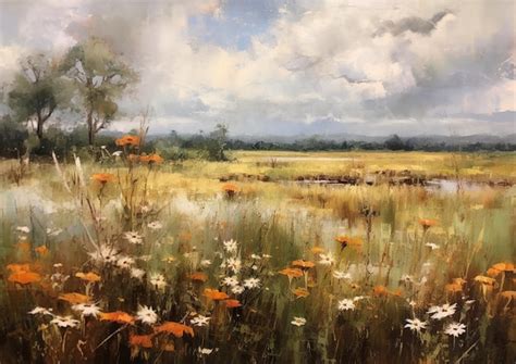 Premium AI Image | Wildflower Field Landscape Oil Painting