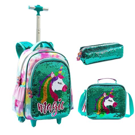 lvyH Rolling Backpack 3PCS for Girls with Pencil Case and Lunch Bag,16 ...