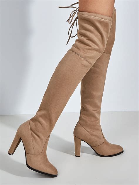 Tie Back Over The Knee Suede Boots Shein Usa Ankle Strap Chunky Heels