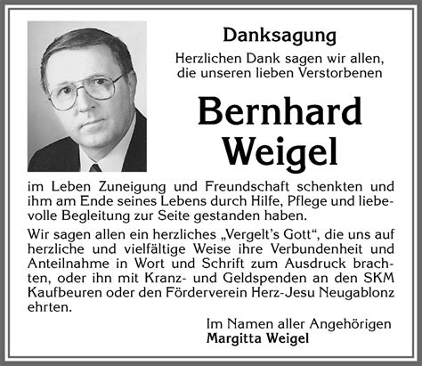 Traueranzeigen Von Bernhard Weigel Allg Uer Zeitung