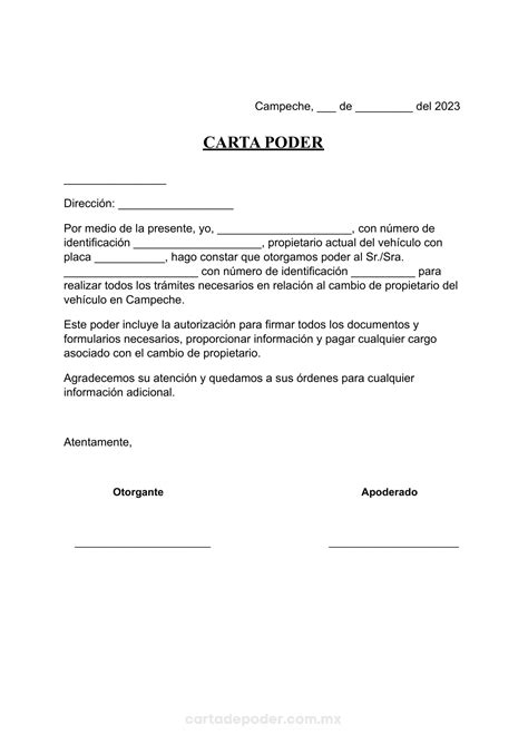 Carta Poder Para Cambio De Propietario Vehicular Campeche