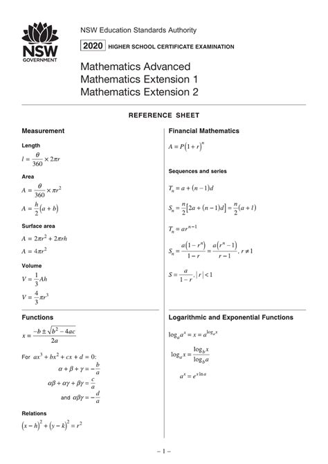 Mathematics Advanced Reference Sheet Download Printable Pdf Templateroller