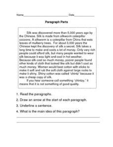 Paragraph Parts Worksheet for 3rd - 4th Grade | Lesson Planet