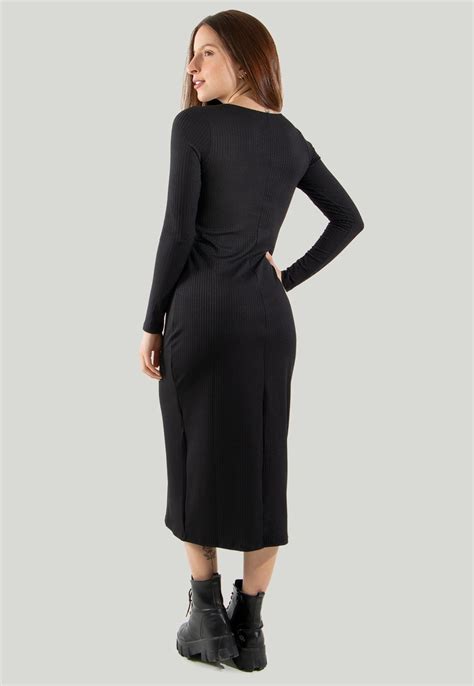 Vestido Midi Diluxo Manga Longa Ribana Canelado Preto Compre