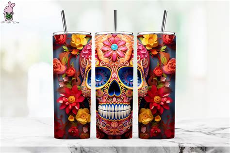 D Sugar Skull Florals Tumbler Wrap Graphic By Turtle Rabbit