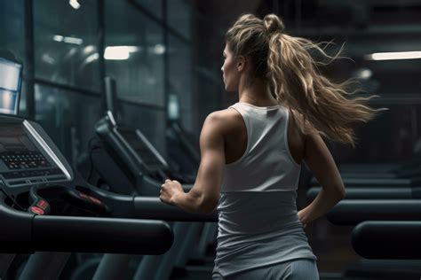 AI generated Side view of a young woman running on a treadmill in a gym