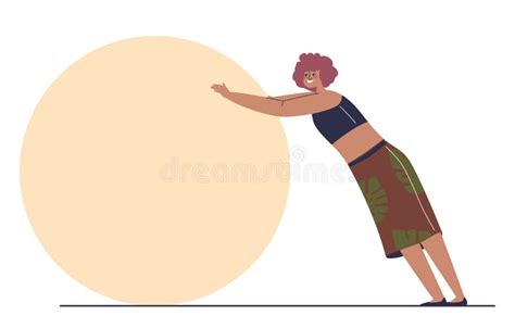 Woman Pushing Circle Shape Cartoon Female Character Make Effort